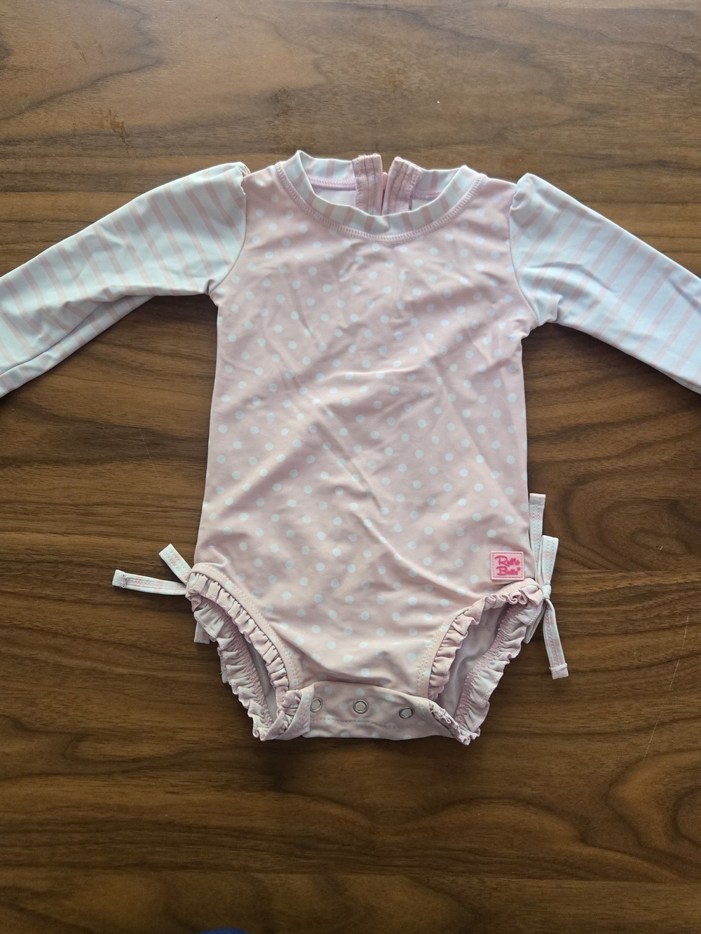 RuffleButts Pink Polka Dot Long Sleeve One Piece Swimsuit Rash Guard 12m